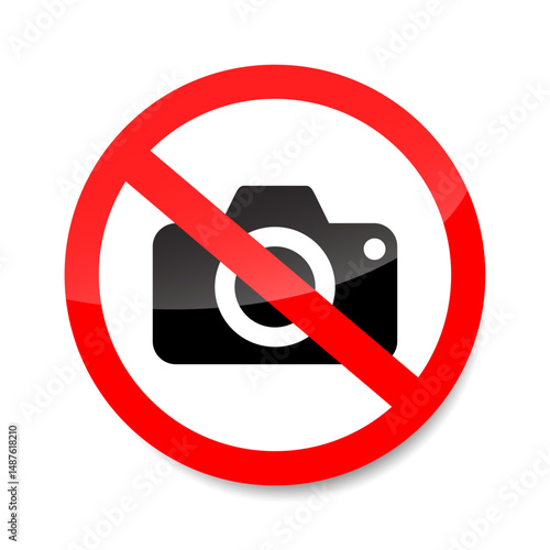 No camera sign vector. Red prohibition symbol indicating cameras are not allowed.