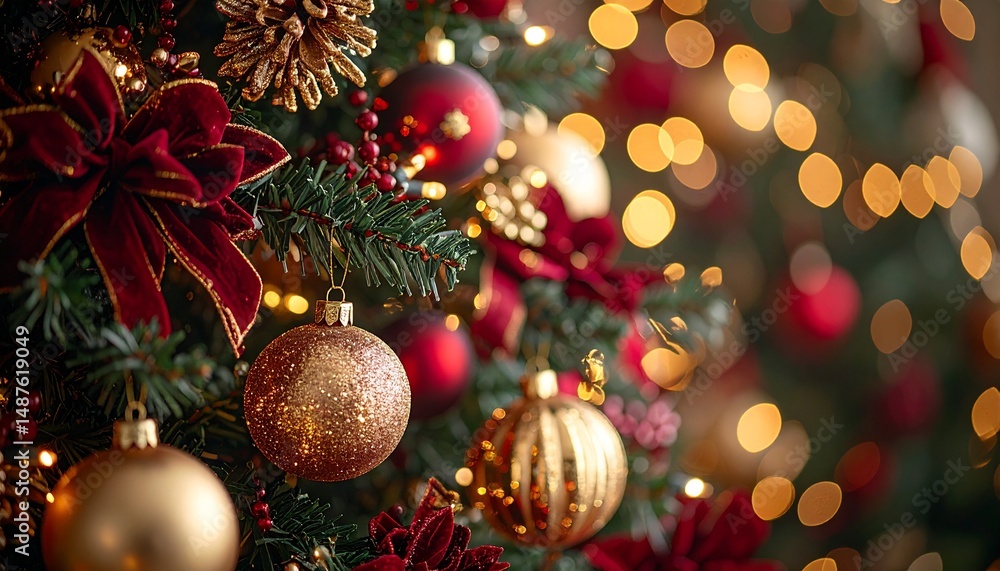 Fototapeta premium Christmas tree decorated with luxurious gold and deep red ornaments, velvet ribbons, sparkling beads, crystal baubles, intricate topper, and warm glowing lights; Detailed Photo Realistic