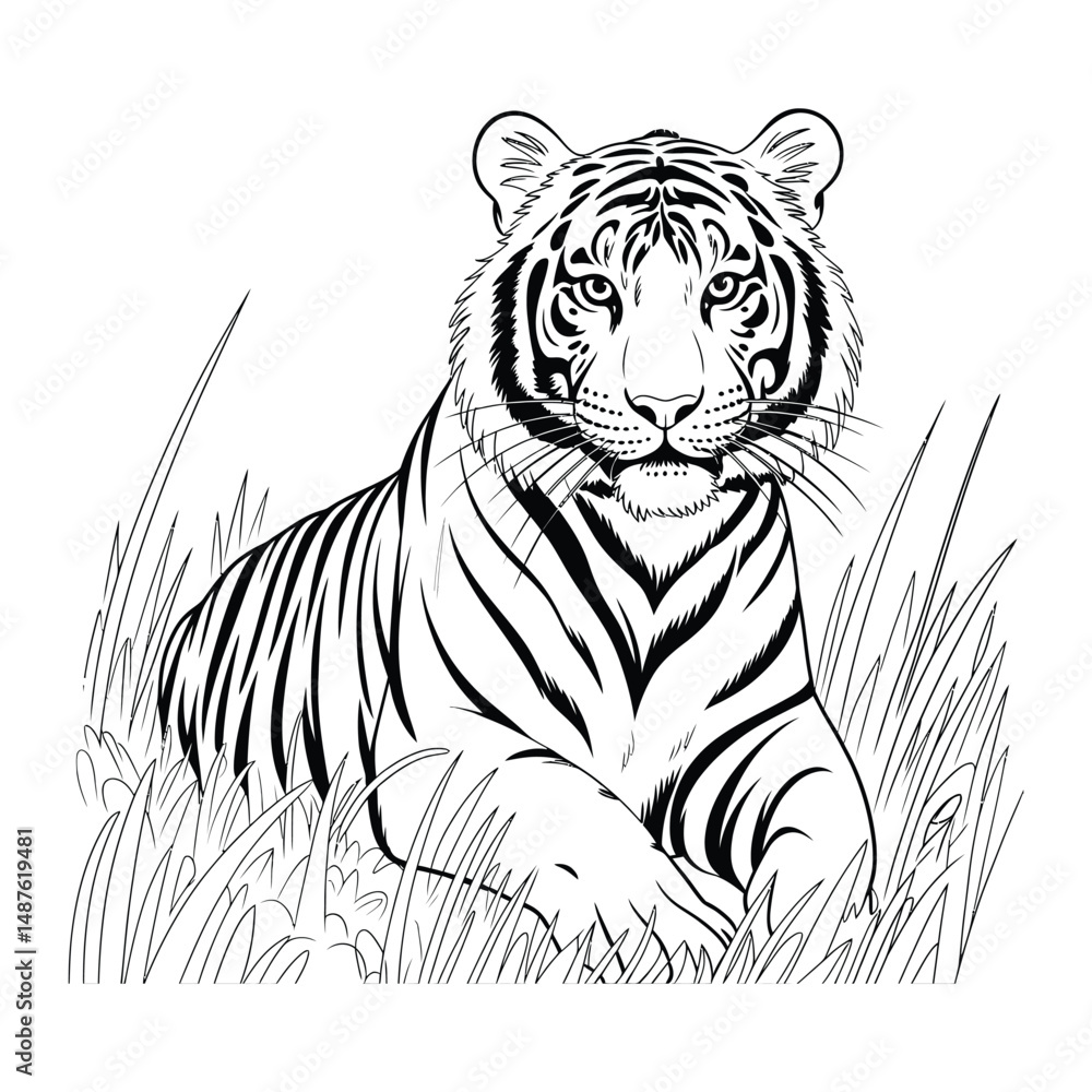 Fototapeta premium Realistic tiger in safari grass Coloring Page, Silhouette, Vector, Illustration, Icon, Logo, White Background.