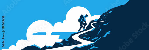 Vector icon showing a man climbing a steep mountain path with a backpack and hat – Ideal for adventure, perseverance, or corporate growth content.