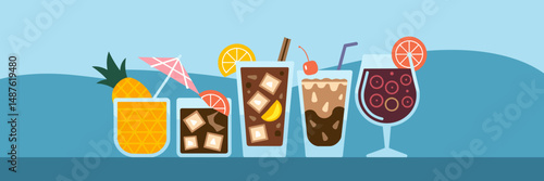 Vector sheet icon illustration of pineapple cocktail, iced tea, iced coffee, pina colada, and sangria – Ideal for summer parties, bar menus, or tropical-themed content.