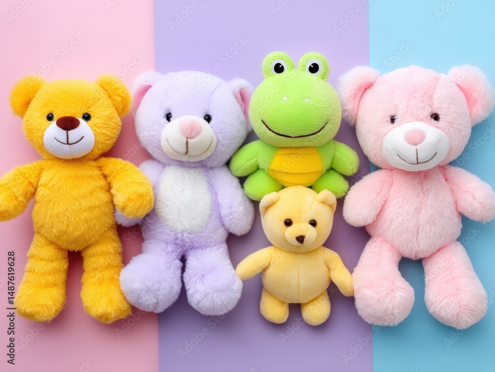 Colorful collection of plush teddy bears and a happy green frog arranged on soft pastel backgrounds creating a playful and inviting atmosphere for children and collectors alike Colorful collection of plush teddy bears and a happy green frog arranged on soft pastel backgrounds creating a playful and inviting atmosphere for children and collectors alike
