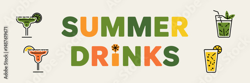 Vector sheet illustration with "Summer Drinks" text – Includes margarita, piña colada, mojito, and lemonade for party or hospitality branding.
