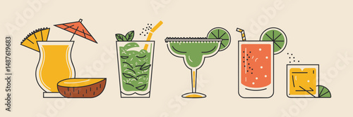 Vector sheet illustration of popular summer drinks – Pina colada, mojito, margarita, daiquiri, and more for beverage brands or summer event designs.