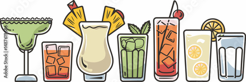 Vector sheet icon of various summer drinks including margarita, pina colada, mojito, iced tea, lemonade, and water