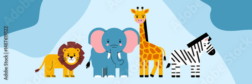 Vector sheet icon illustration of safari animals standing in a row including a lion, elephant, giraffe, and zebra