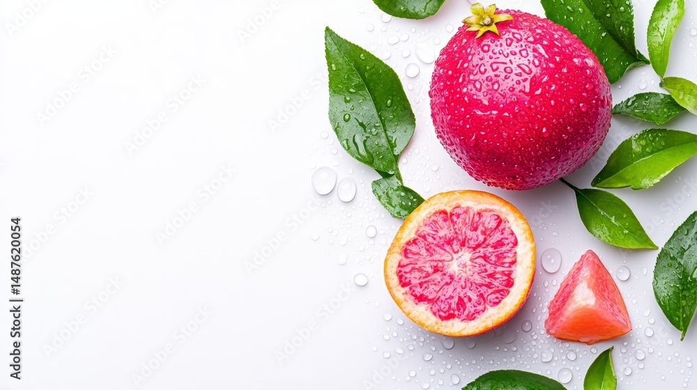 Naklejka premium Pink Grapefruit and Leaves with Water Droplets - Juicy pink grapefruit slices and whole fruit, adorned with fresh green leaves and water droplets, symbolizing freshness, health, vitality