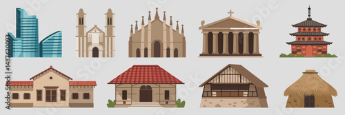 Various buildings and architectural styles in vector sheet illustration – Ideal for design, architecture education, or construction-related branding.