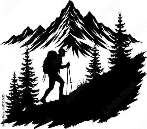 Mountain Hiker Silhouette with Backpack"