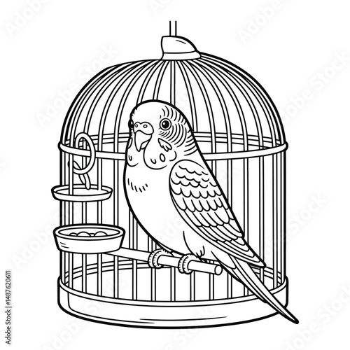 Budgie in a cage Coloring Page, Silhouette, Vector, Illustration, Icon, Logo, White Background.