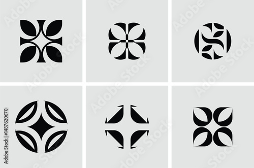 Abstract geometric designs in black and white featuring leafy and rounded shapes