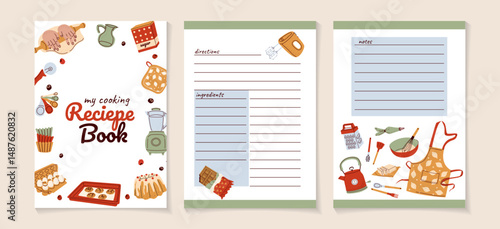 Recipe card for banner design. Food retro background with bakery elements Cake with various baking utensils. Cooking school and classes placard, culinary education lesson