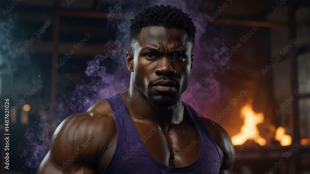 Fototapeta premium Powerful portrait of a muscular man with intense expression in a dark industrial setting
