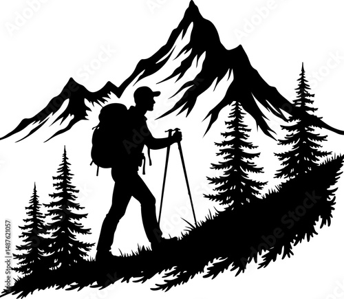 Mountain Hiker Silhouette with Backpack"