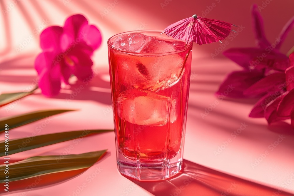 A vibrant pink cocktail garnished with a parasol in sunlight. A vibrant pink cocktail garnished with a parasol in sunlight.