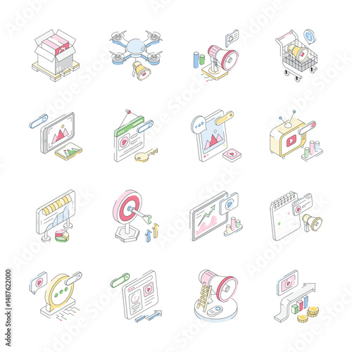 Visually engaging set showing marketing plans isometric icons