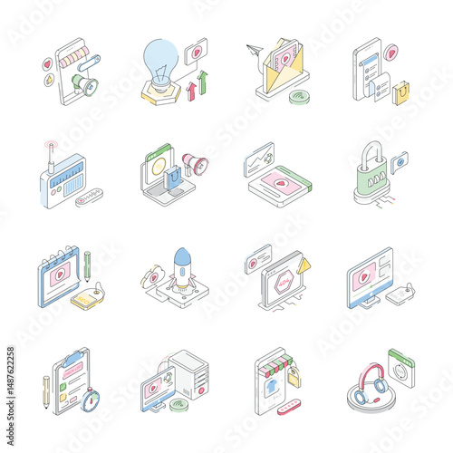 Handy bundle of isometric outline icons depicting digital advertising concepts