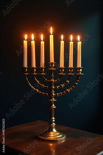 Gleaming vintage menorah on dark wood, Hanukkah candles lit , religious, cozy