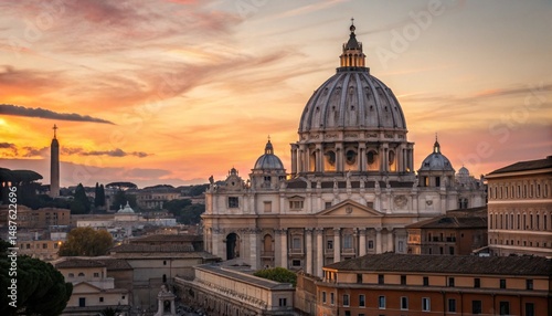 Vatican City. Holy See. Dome of St. Peters Basil cathedral at Saint peters Square. Evening sunset. Rome, Italy. 