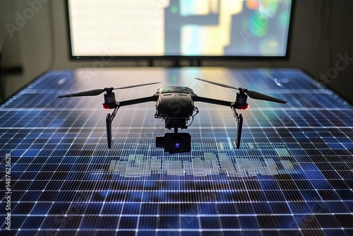 Fixed-wing UAV autopilot trajectory over photovoltaic array with shadow patterns revealing panel defects and telemetry data overlay on ground control monitors