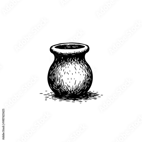 Simple monochrome sketch of a round pottery vase with thick dark outline and shadows