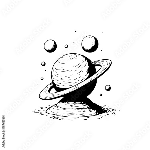 Stylized cosmic sketch of a ringed planet with accompanying celestial bodies