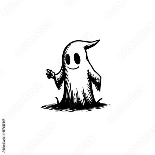 Whimsical Monochrome Ghostly Illustration, Cute Spectral Figure Waving Cheerfully