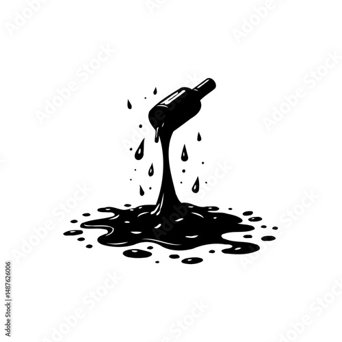 Monochrome Ink Bottle Flowing, Artistic Depiction of Spilled Liquid, Isolated Art
