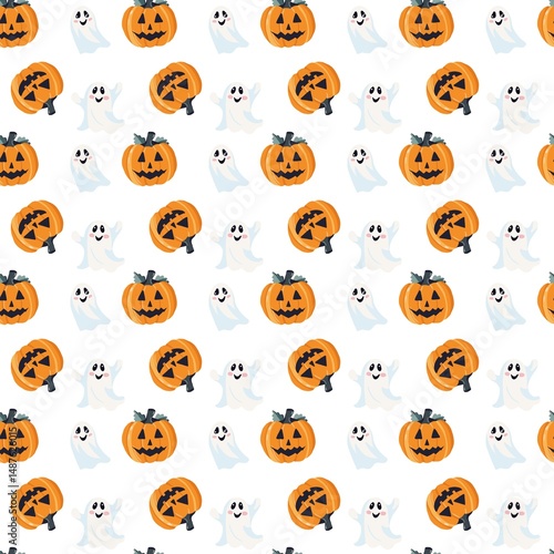 Wallpaper Mural Cartoon Halloween seamless pattern with smiling jack-o'-lanterns and friendly ghosts on white, perfect for wrapping paper and kids decor Torontodigital.ca