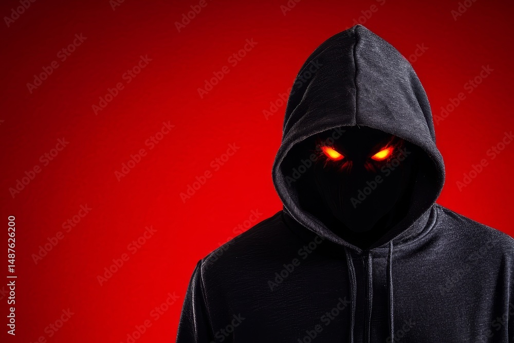 Shadowy Figure in Crimson - Mysterious hooded figure with glowing eyes, symbolizing secrecy, danger, hidden power, darkness, and an unknown threat Shadowy Figure in Crimson - Mysterious hooded figure with glowing eyes, symbolizing secrecy, danger, hidden power, darkness, and an unknown threat