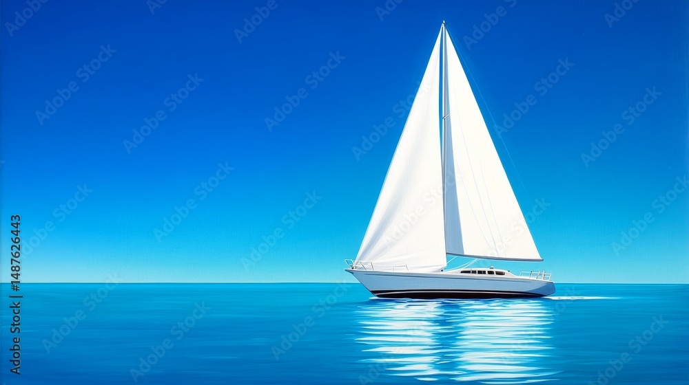 Obraz premium Solitary Sailboat on Azure Sea - A single white sailboat sails gracefully across a tranquil azure sea, symbolizing freedom, serenity, adventure, escape, and peace