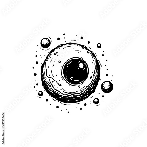 Monochrome depiction of a stylized eyeball surrounded by circular shapes