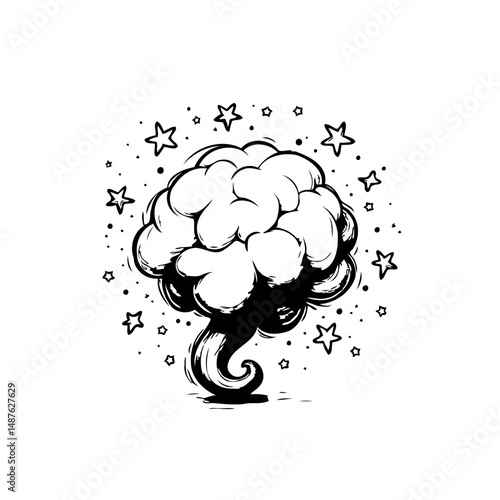 Whimsical cerebral explosion with star accents, a playful mental burst concept