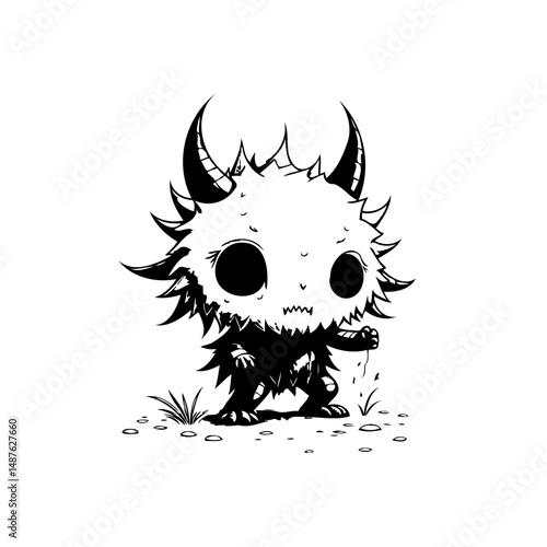 Whimsical horned creature: A charming dark illustration for imaginative storytelling