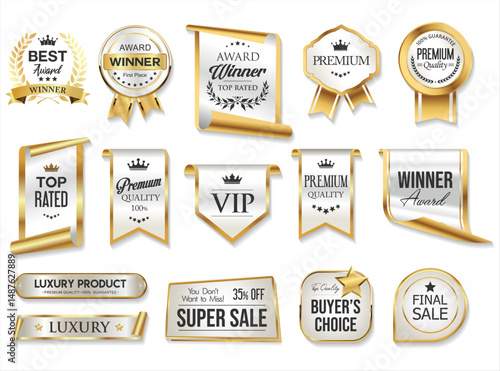 Top rated and award winner gold and silver badge and emblem collection stock illustration