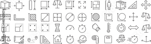 ベクターでモノクロの測定に関する線画アイコンセット
