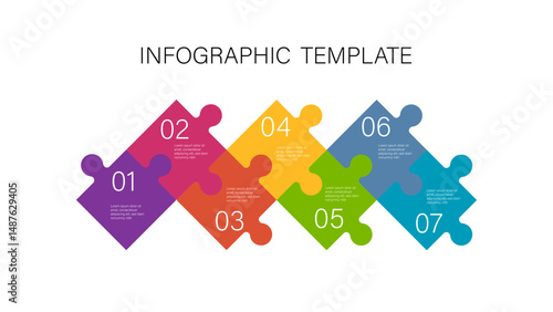 Puzzle style timeline concept of seven  dependent components infographic template.