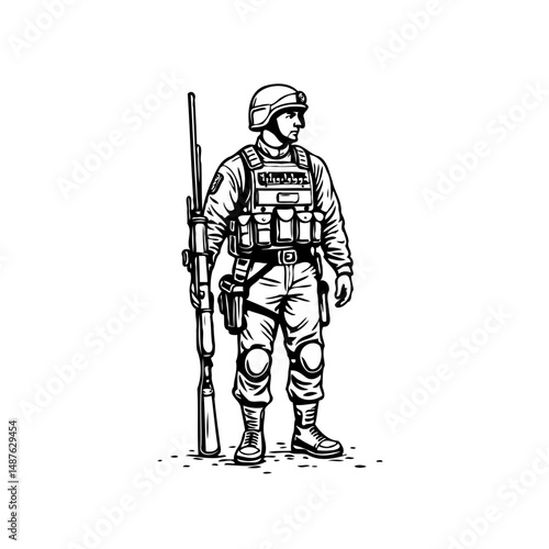 Solemn soldier standing with rifle in black and white drawing illustration