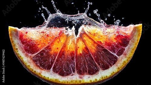 Cross section of juicy citrus fruits showing bright flesh and fresh petals, dynamic splash effect of water splashing in the air, bright colors and fresh texture against a dark background.