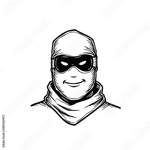 Sketch illustration of a masked figure with a subtle smile portrait art