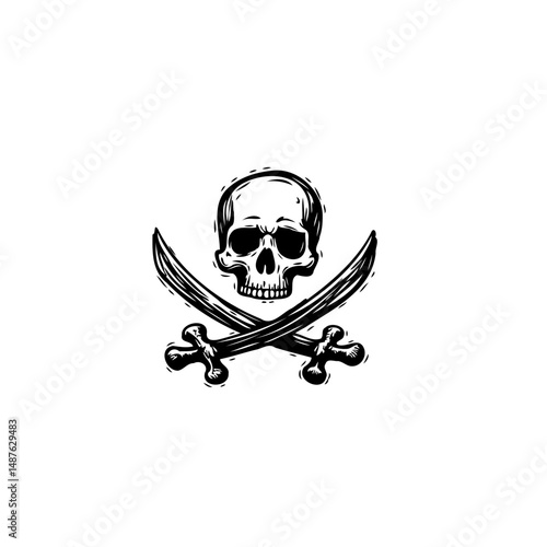 Stylized skull and crossed swords insignia symbolizing danger and adventure