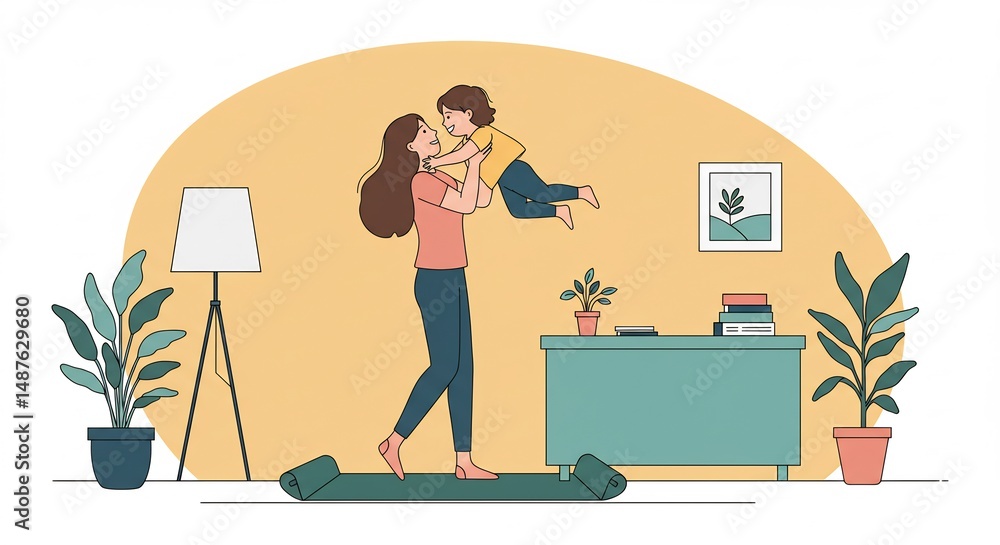 Fototapeta premium Woman Lifting Child Indoors with a Yoga Mat and Plants