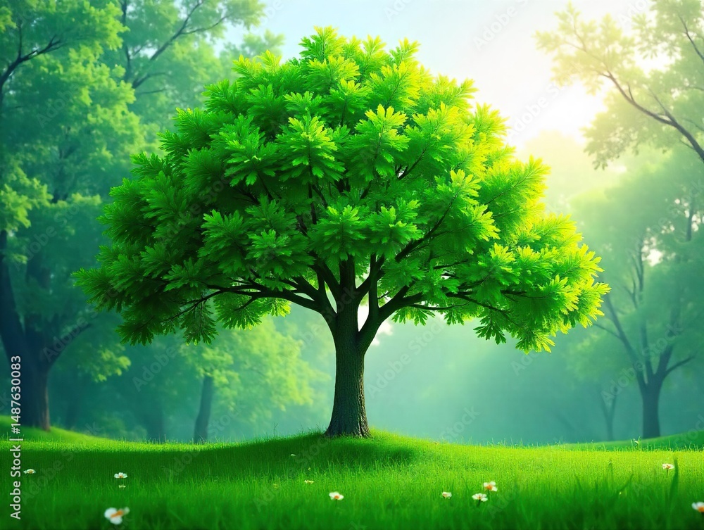 Lush summer tree with vibrant green leaves and sunlit forest, summer, tree Lush summer tree with vibrant green leaves and sunlit forest, summer, tree