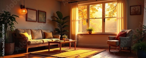 - Cozy home bathed in golden light, autumn leaves everywhere, warm inviting glow,  fall,  autumn