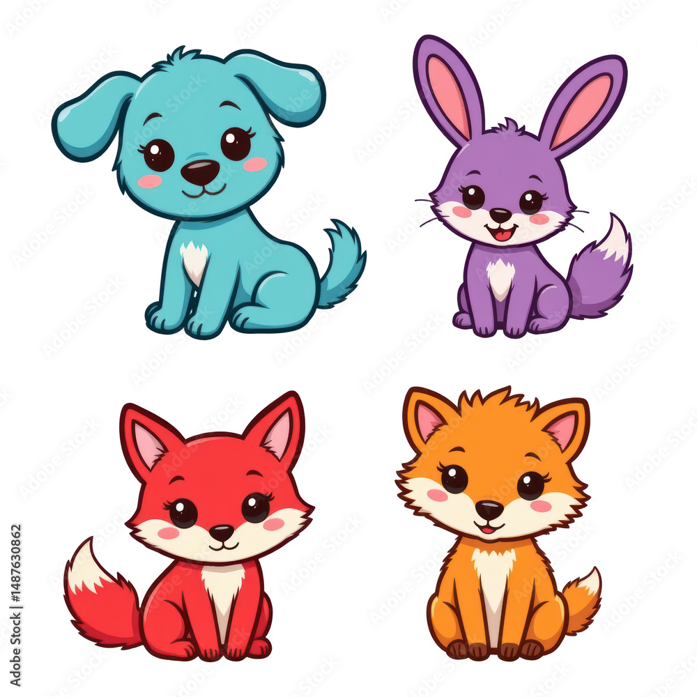 Fototapeta premium Four cute cartoon animals with bright colors and happy expressions sitting together in playful style