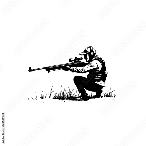 Focused marksman aims with precision rifle in monochrome vector illustration