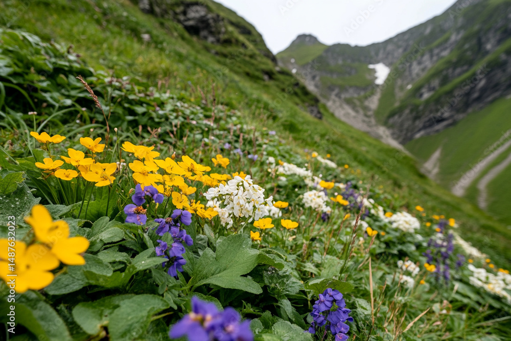 Fototapeta premium Colorful wildflowers bloom on a mountain slope in early spring