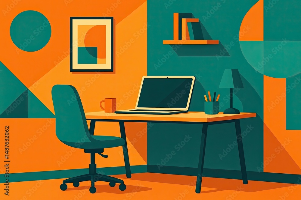 Fototapeta premium Vibrant Orange and Teal Workspace Featuring Modern Geometric Design Elements