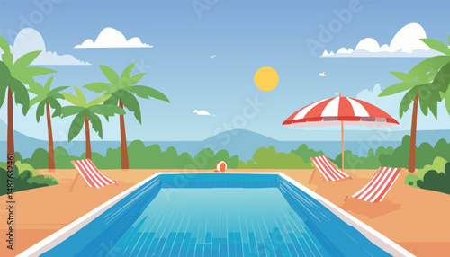 A beautifully crafted pixel art illustration depicting a serene swimming pool complete with lounge chairs and colorful umbrellas surrounding it