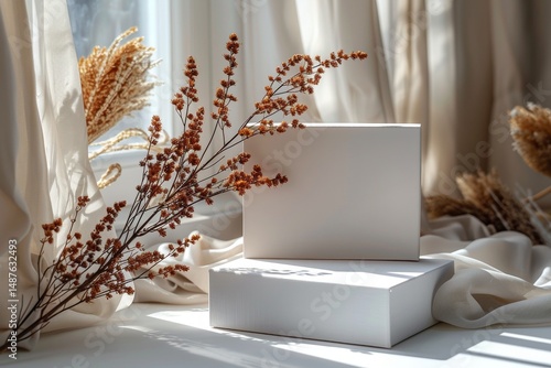 Blank mockup of a white box on a light background and dried flowers